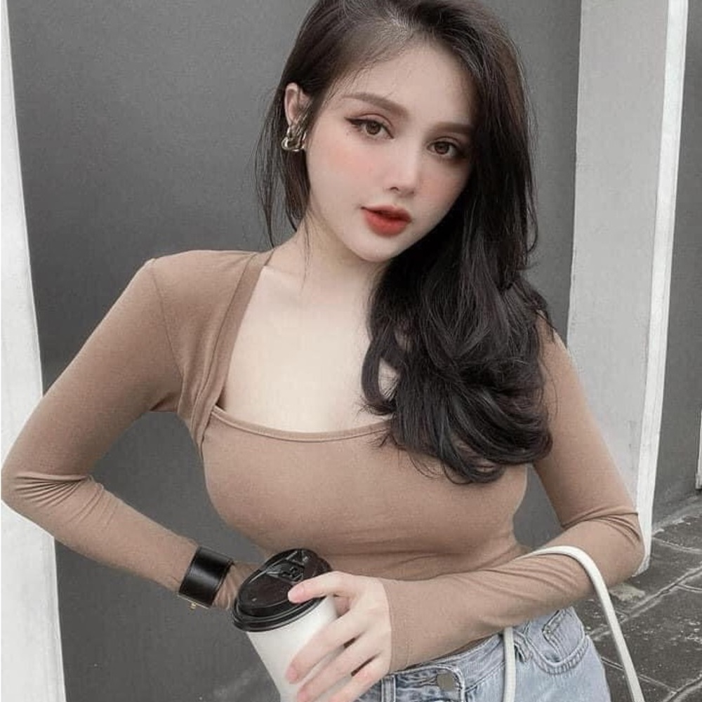 Brown Square Neck Long Sleeve shirt
